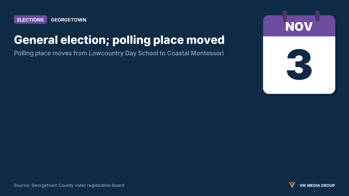 Card showing the Nov. 3, 2026 general election and the temporary Pawleys Island 4 polling place change.