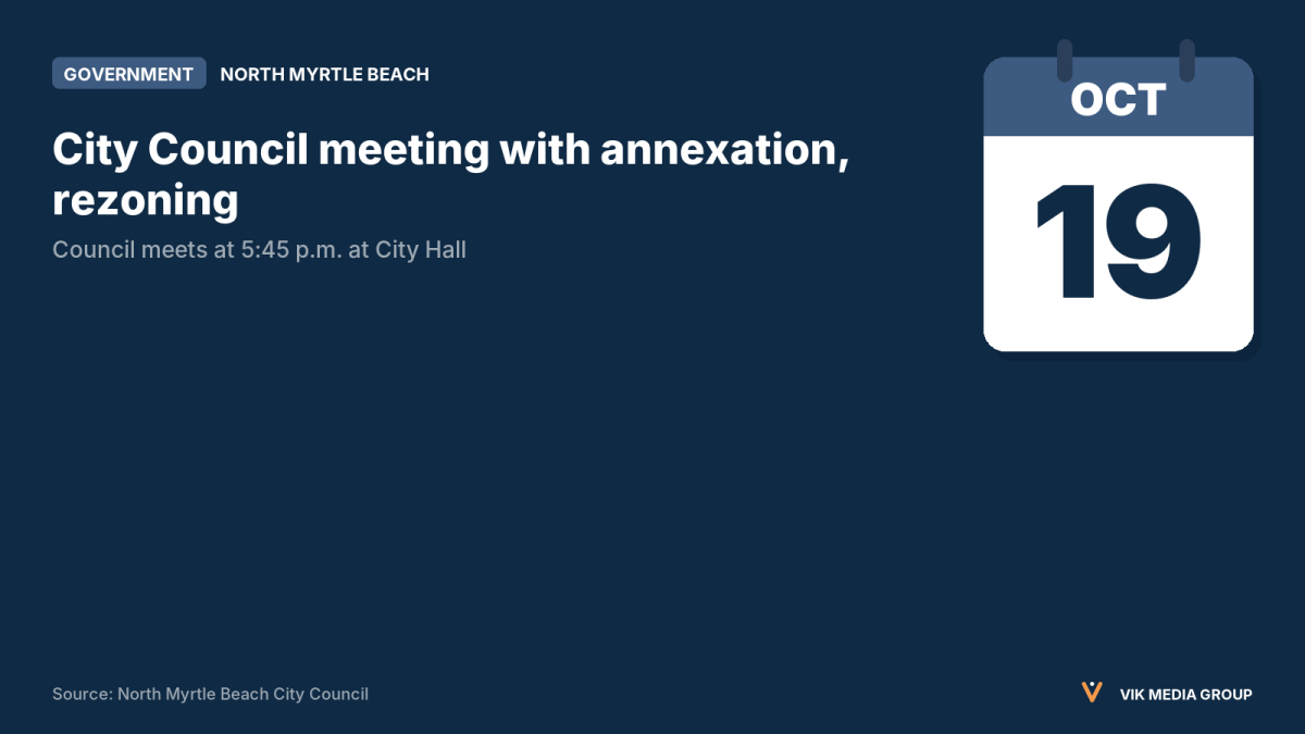 Card marking the Oct. 19, 2026 North Myrtle Beach Council meeting on annexation and rezoning.