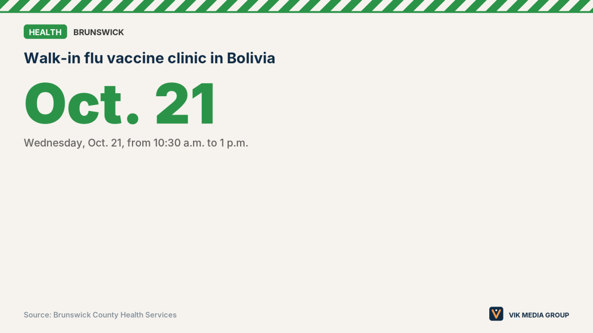 Card showing the Oct. 21 walk-in flu vaccine clinic in Bolivia, North Carolina, from 10:30 a.m. to 1 p.m.