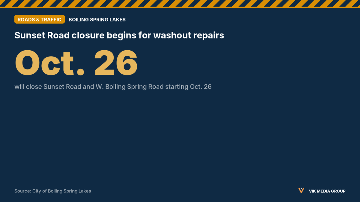 Card showing Oct. 26, when Sunset Road and W. Boiling Spring Road close for washout repairs in Boiling Spring Lakes.