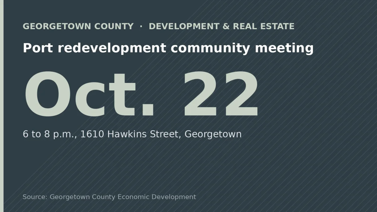 Port redevelopment community meeting: Oct. 22. 6 to 8 p.m., 1610 Hawkins Street, Georgetown
