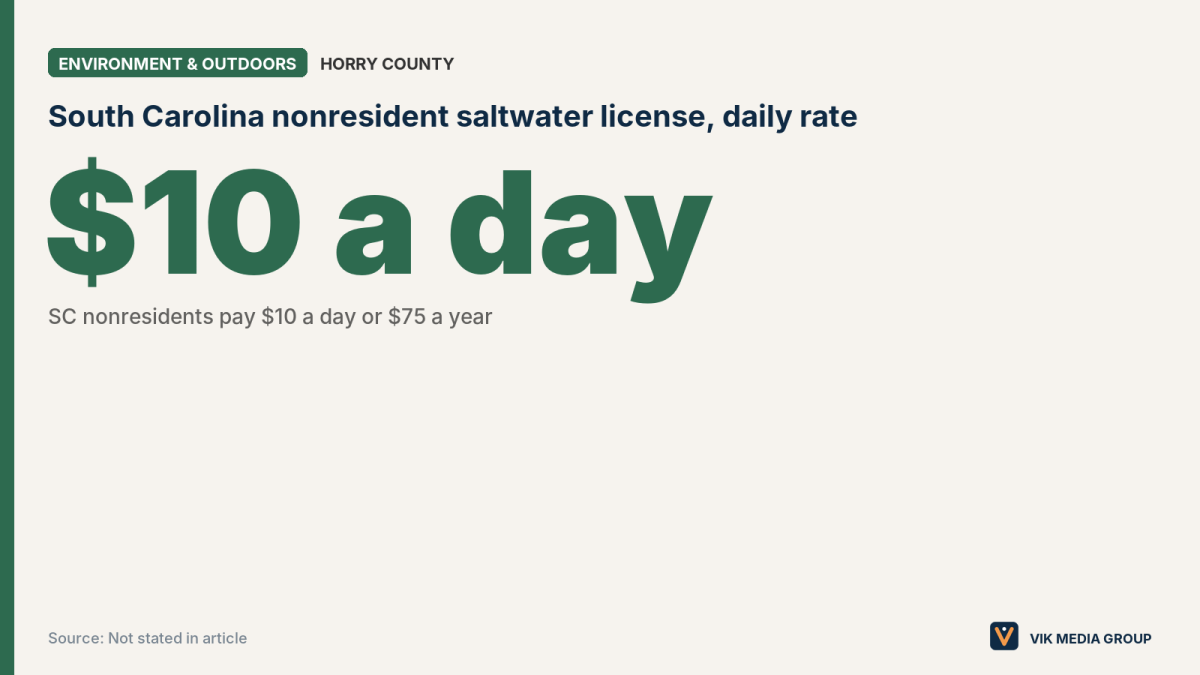 Card showing the South Carolina nonresident saltwater fishing license fee: $10 a day or $75 a year.
