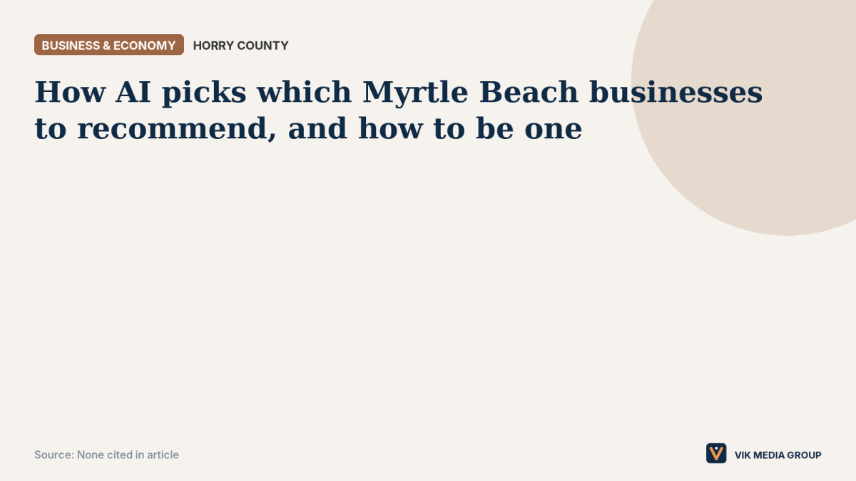 Data card for a guide on how AI recommends Myrtle Beach businesses, using Horry County as the location.