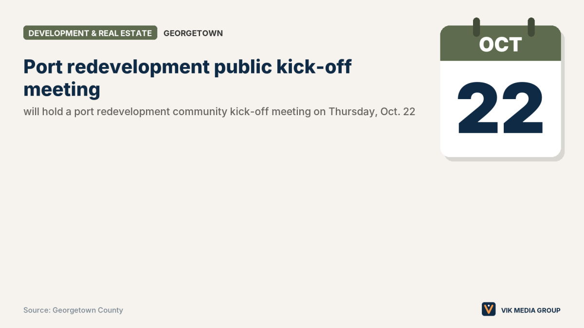 Card marking Oct. 22, 2026, the Georgetown County port redevelopment kick-off meeting, open to the public.