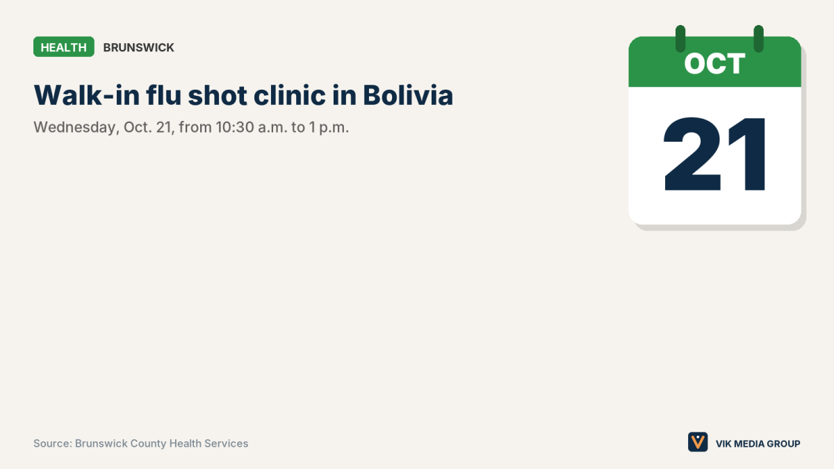 Card showing the Oct. 21, 2026 walk-in flu shot clinic in Bolivia, North Carolina, with no appointment needed.